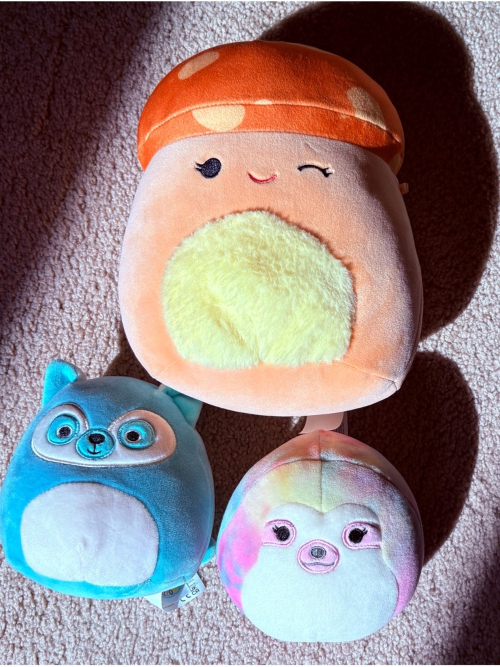 Squishmallow bundle of 3- Peach Mushroom, Blue Raccoon, Pastel Sloth